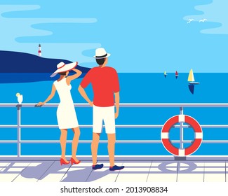Couple enjoy ocean cruise vacation vector poster. Female, male on ship vessel deck simple pop art style illustration. Tourists relax sailing on cruise liner. Romantic seascape scenic view background - Shutterstock ID 2013908834