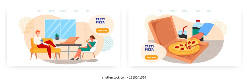 Couple enjoy pizza at home in front of big window. Pizza slice in a box and cup of soda. Fast food concept illustration. Vector web site design template
