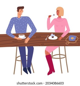 Couple enjoy romantic date eating cake and drinking coffee together. Happy man and woman sitting at table and communicate in cafe isolated on white. Front view. Vector flat illustration.