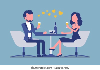 Couple enjoy romantic dinner in restaurant. Meeting between man and woman in love, first date or elegant wedding anniversary at cafe table. Vector illustration, faceless characters