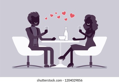Couple enjoy romantic dinner in restaurant. Meeting between man and woman in love, first date, wedding anniversary at cafe table. Vector flat style and line art cartoon illustration, black silhouette