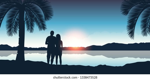 couple enjoy the sunset on a beautiful palm beach vector illustration EPS10