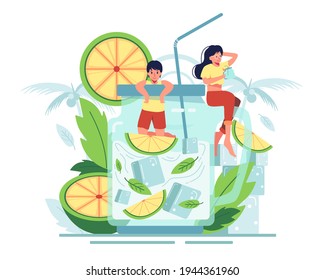 The couple enjoyed sipping orange juice with mint leaves in a clear jug. The freshness of the summer. flat vector illustration design