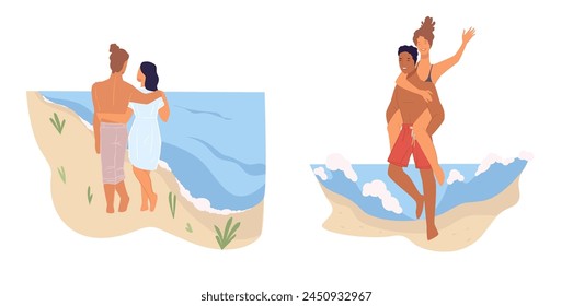 Couple enjoying beach vacations, vector illustration isolated on white.