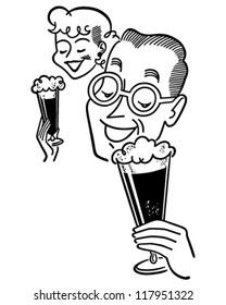 Couple Enjoying Beer - Retro Clipart Illustration