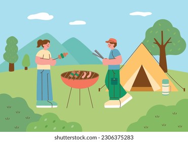 Couple enjoying camping. Cooking and eating skewers on a barbecue grill.