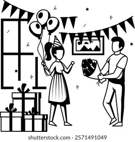 Couple Enjoying the company vector design, special anniversary events card, Cheers to another year banner, indoor Party People scene illustration, Boy Presenting the flowers to Her Girl Friend concept