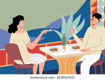A couple enjoying a cozy dinner together in a stylish restaurant with a modern aesthetic