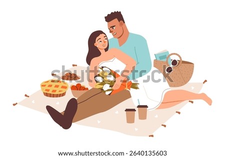 Couple enjoying a cozy summer picnic. Romantic atmosphere and alfresco vibes. Picnic moment with a happy couple outdoors. Flat vector illustration.