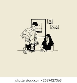 A couple enjoying and drinking a coffee while sitting at a coffee shop, vector illustration 