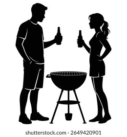 Couple enjoying drinks by a barbecue grill in silhouette
