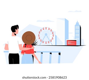 Couple Enjoying Ferris Wheel View In Flat Vector Illustration Symbolizing Travel, Romance, And Urban Sightseeing, Isolated On White Background