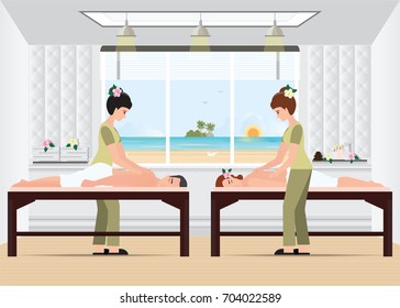 Couple enjoying full body massage treatment from masseur in a spa, vector illustration.