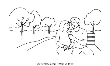 Couple Enjoying Ice Cream on Park Bench, Summer Romance