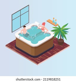 Couple enjoying jacuzzi isometric 3d vector illustration concept for banner, website, landing page, ads, flyer template