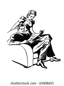 Couple Enjoying Magazine - Retro Clipart Illustration