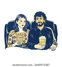 Couple enjoying movie date, vintage style icon