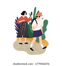 Couple enjoying nature at summer vacation vector flat illustration. Tourist woman admiring landscape walking taking photo use smartphone isolated on white. Active people travelling together