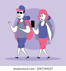 Couple enjoying outdoor adventure while carrying backpacks. They exploring new place, smiling, and taking moment to capture memories with smartphone