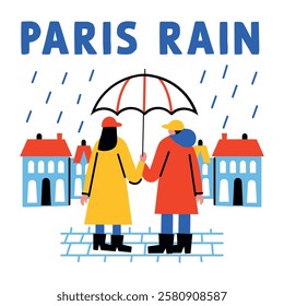 Couple enjoying paris rain, flat sticker 
