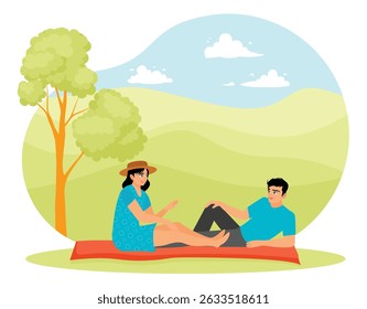 A couple enjoying a peaceful picnic in a beautiful outdoor setting with lush greenery, hills, and trees under a sunny sky. Romantic couple relaxing together concept.