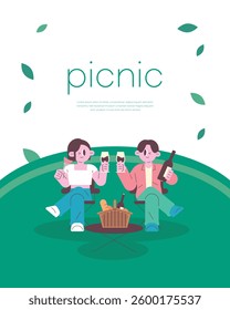 Couple enjoying a picnic with wine in the park 
Simple style illustration Warm spring day.