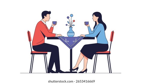 Couple enjoying a romantic coffee date at a small table with flowers in a vase between them