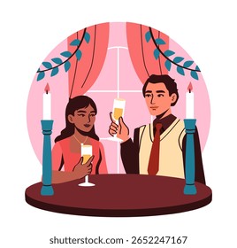 Casal desfrutando de um jantar romântico em uma mesa redonda com velas, estilo plano, fundo interior rosa com janela e cortinas. Conceito de amor e romance. Ilustração vetorial