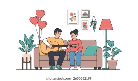 A couple enjoying a romantic evening together playing guitar and listening to music in their cozy living room
