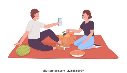 Couple enjoying romantic picnic date semi flat color vector characters. Editable figures. Full body people on white. Simple cartoon style illustration for web graphic design and animation