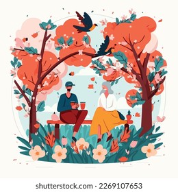 A couple enjoying a romantic picnic in a picturesque park, surrounded by blooming flowers and chirping birds