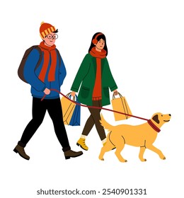 A couple enjoying a shopping day with their dog in a cozy winter setting