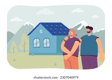 Couple enjoying solar panels vector illustration. Happy man and woman hugging, looking at eco-friendly house with recyclable energy batteries. Solar power, renewable energy, smart home technology