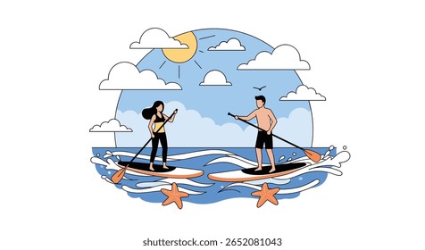 Couple enjoying stand up paddleboarding adventure on a sunny day ocean activity