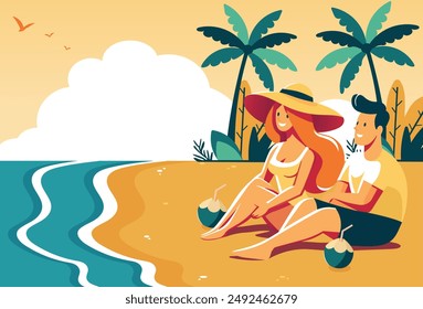 A Couple enjoying summer on a paradisiacal beach. Vector Illustration