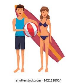 Couple enjoying summer with surf table and beach ball isolated vector illustration graphic design