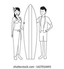 Couple enjoying summer with surf table isolated vector illustration graphic design