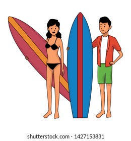 Couple enjoying summer with surf tables isolated vector illustration graphic design