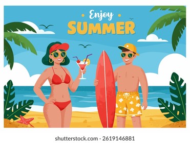 Couple enjoying their summer holiday at the beach, with a surfboard and drinks. Flat illustration style, perfect for summer vacation and lifestyle projects