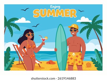 Couple enjoying their summer holiday at the beach, with a surfboard and drinks. Flat illustration style, perfect for summer vacation and lifestyle projects