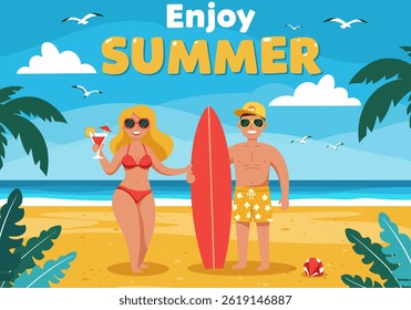 Couple enjoying their summer holiday at the beach, with a surfboard and drinks. Flat illustration style, perfect for summer vacation and lifestyle projects