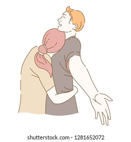 Couple enjoying time spent together lady and gentleman vector man and woman hugging person stretching arms in cuddling boyfriend and girlfriend on date dating people romantic day hand drawn isolated.