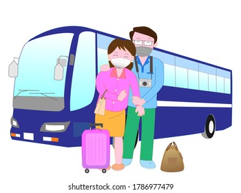 A couple enjoying a trip wearing masks to prevent new corona　virus infection.