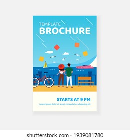 Couple enjoying vacation. Man and woman walking on promenade at sea. Flat vector illustration. Leisure, seaside, holiday concept for banner, website design or landing web page