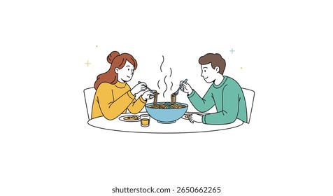 A couple enjoying a warm bowl of steaming noodles together at home during dinner