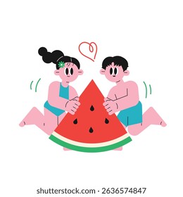 Couple enjoying watermelon slice in summer.