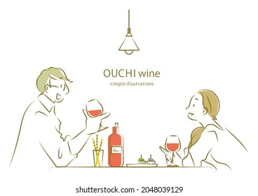 couple enjoying wine at home, simple and stylish line art