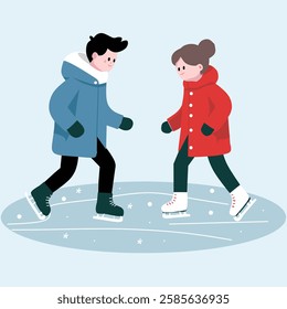 A couple enjoying winter ice skating together, depicted in a minimalist, flat design illustration. The scene shows a man and woman wearing winter jackets, skating on a snow-covered ice rink