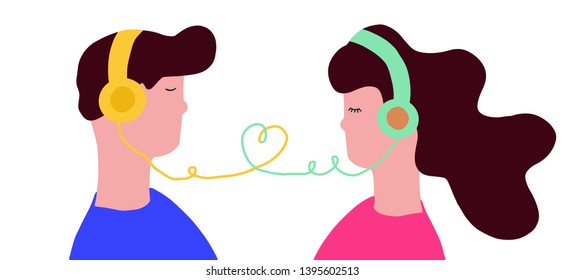 A couple enjoys listening to music together. A man and a woman in headphones are in love with music. Design for flyers, posters. - Vector