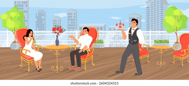 A couple enjoys a meal at a stylish cafe terrace surrounded by a city skyline. A waiter takes their order with vibrant flowers adding charm to the setting.